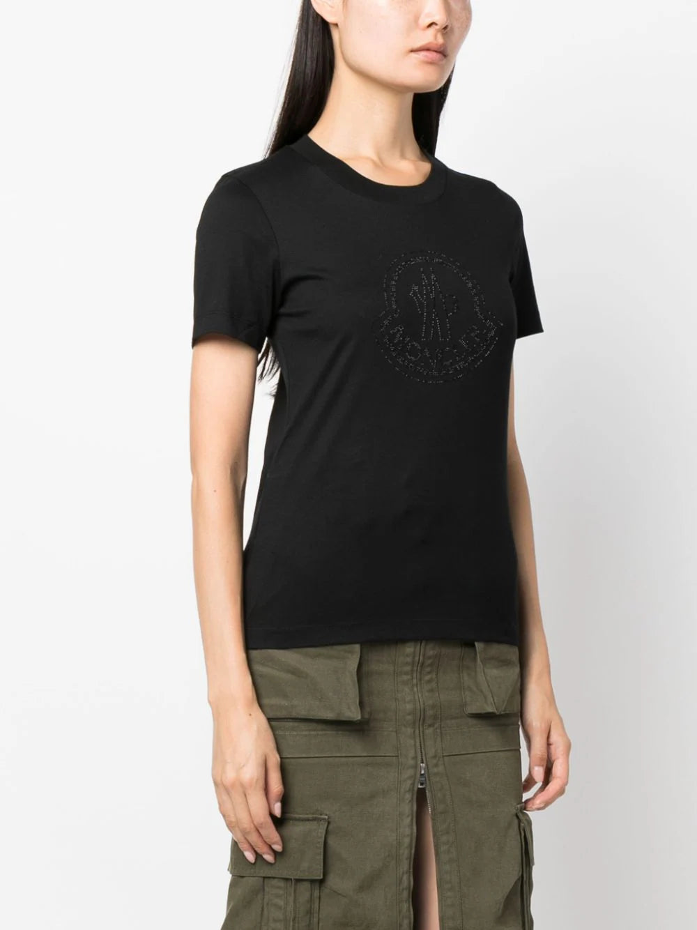 MONCLER WOMEN Logo Crystal T-Shirt Black - MAISONDEFASHION.COM