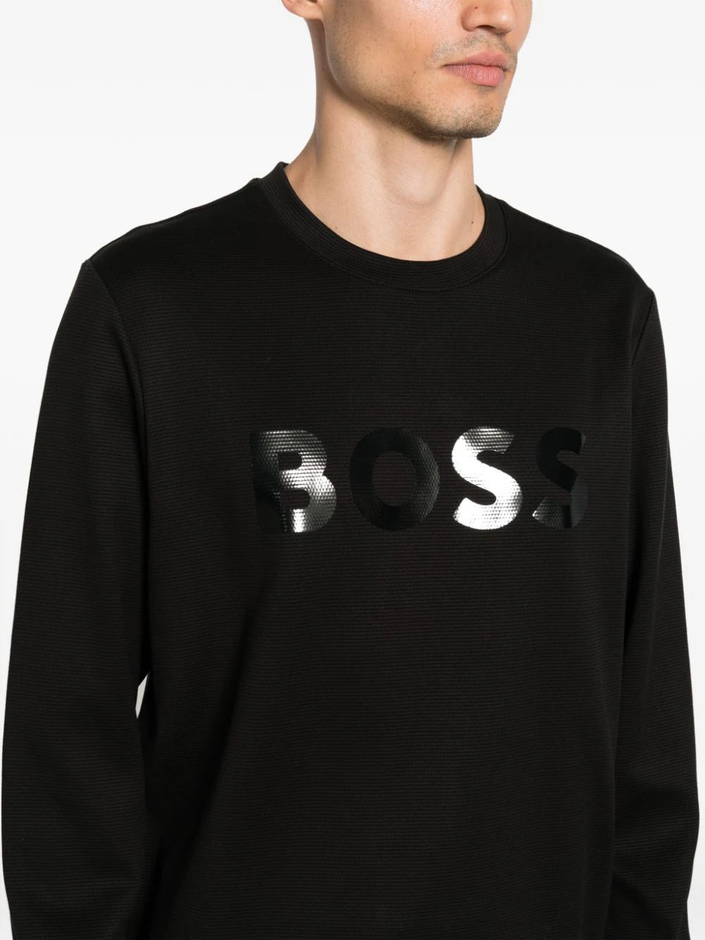 BOSS MEN Logo-print Ribbed Cotton Sweatshirt Black - MAISONDEFASHION.COM