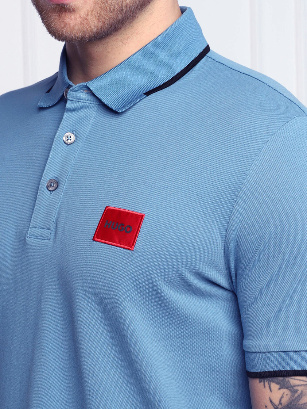 HUGO Logo-patch Polo Shirt Medium Blue - MAISONDEFASHION.COM