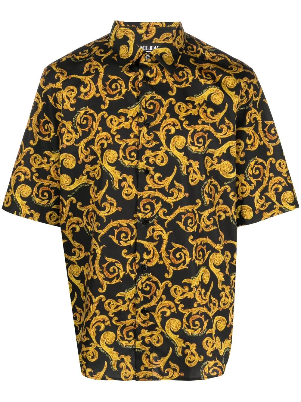 VERSACE MEN Baroque Pattern Print Cotton Shirt Black/Gold - MAISONDEFASHION.COM