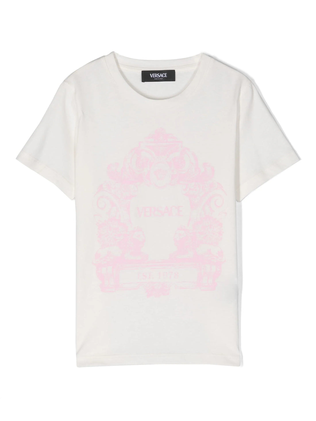 VERSACE KIDS Girls Cartouche Print T-Shirt White/Pink - MAISONDEFASHION.COM