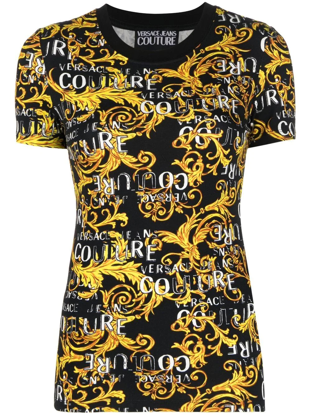 VERSACE WOMEN Baroque Print Cotton T-Shirt Black/Gold - MAISONDEFASHION.COM