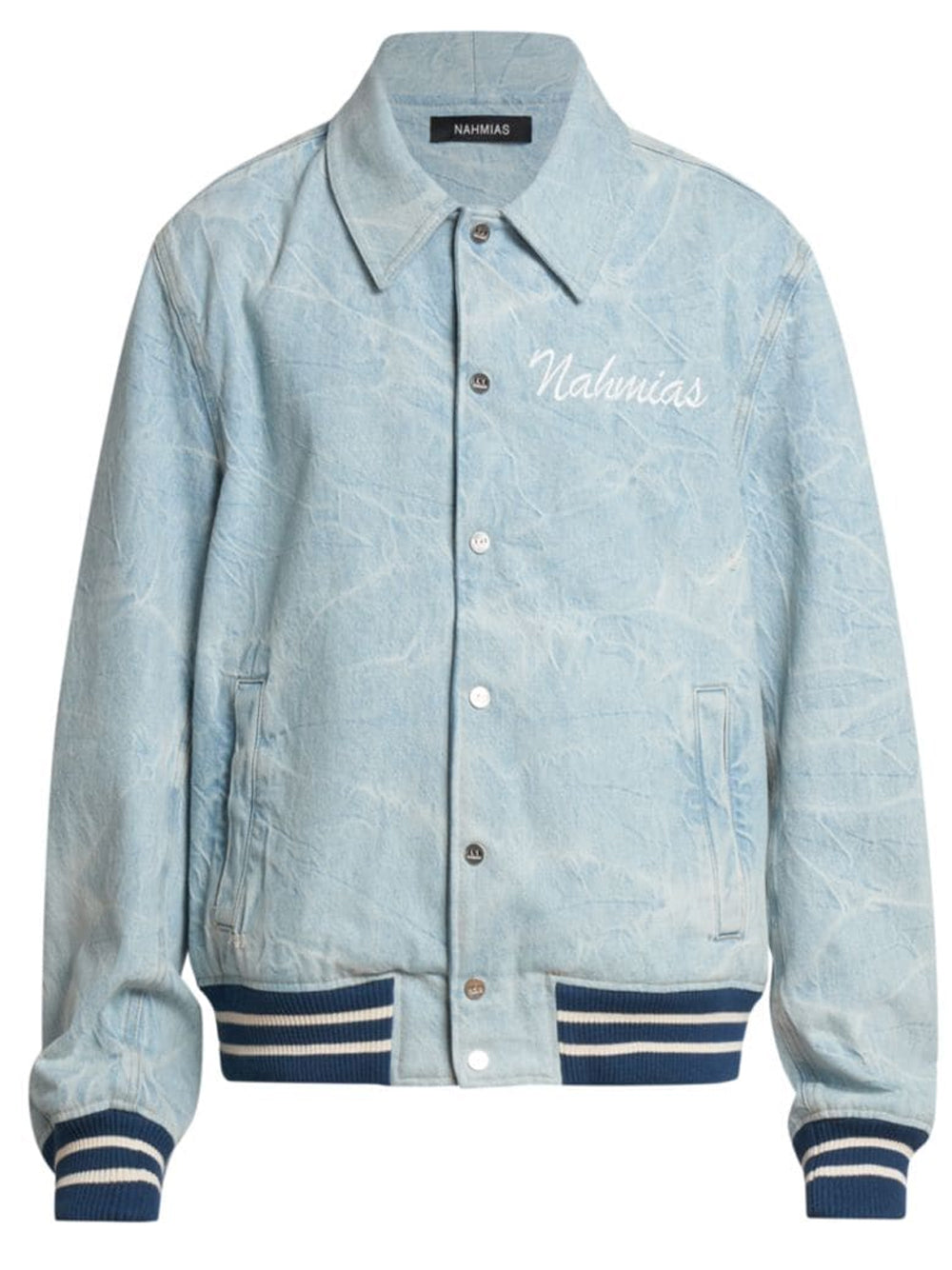 NAHMIAS Denim Miracle Academy Bomber Jacket Light Wash - MAISONDEFASHION.COM