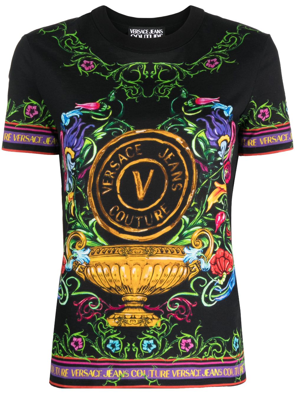VERSACE WOMEN Couture V Emblem Garden Print Cotton T-Shirt Black/Multi - MAISONDEFASHION.COM