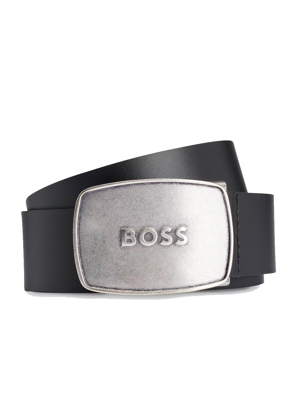 BOSS MEN Brushed Metal Logo Leather Belt Black/Silver - MAISONDEFASHION.COM