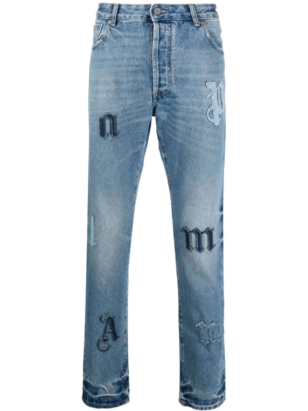 PALM ANGELS MEN LW Logo Patch Regular Fit Denim Jeans Light Blue - MAISONDEFASHION.COM