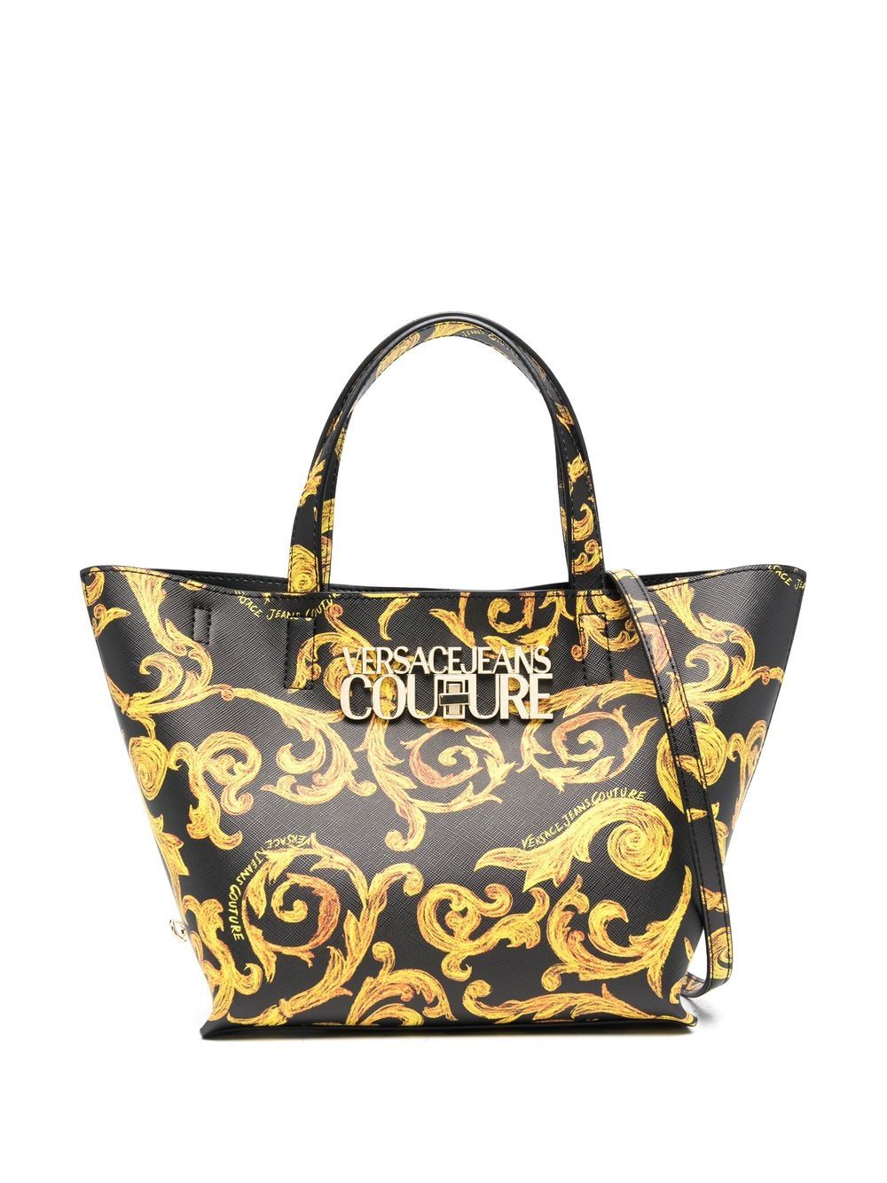 VERSACE WOMEN Baroque Logo Plaque Tote Bag Black/Gold - MAISONDEFASHION.COM