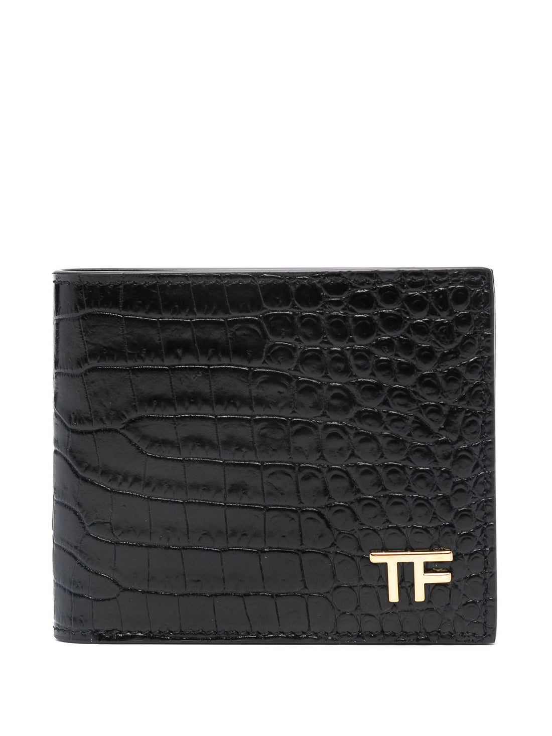 TOM FORD TF Logo Crocodile Leather Wallet Black/Gold - MAISONDEFASHION.COM
