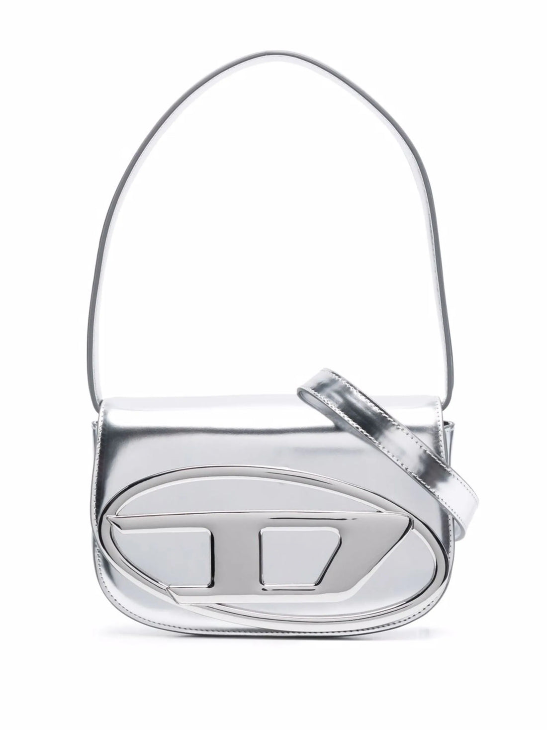 DIESEL WOMEN 1DR Metallic Mirrored Finish Shoulder Bag Silver - MAISONDEFASHION.COM