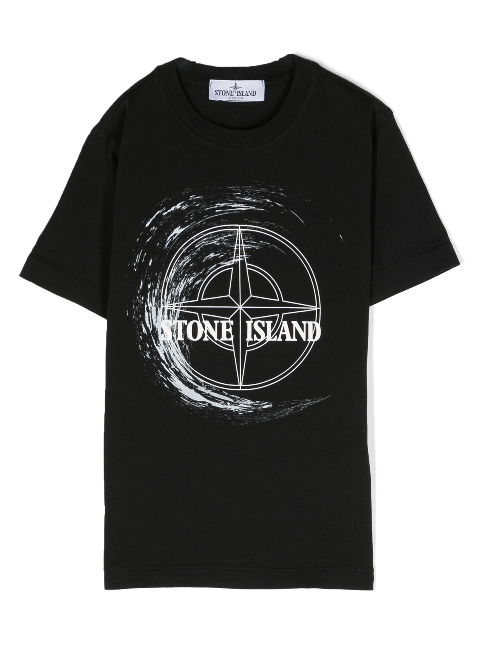 STONE ISLAND KIDS Compass Logo Graphic Print Cotton T Shirt Black MAISONDEFASHION.COM