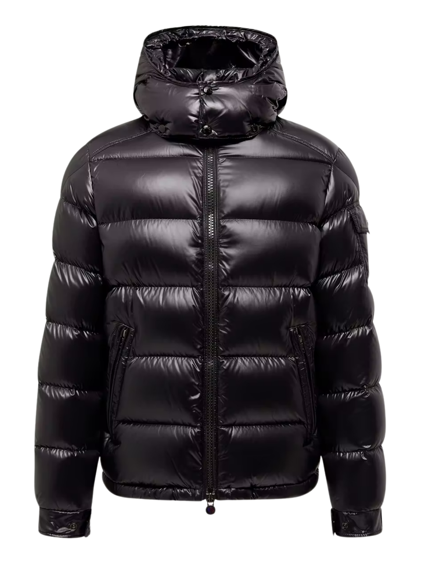 MONCLER Maya Hooded Short Down Jacket in black - front view showing the iconic quilted design, hood and zip-up closure