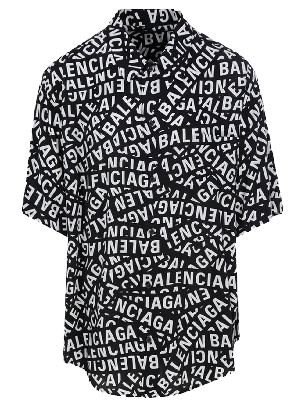 BALENCIAGA MEN Logo Tape Print Short Sleeve Shirt Black/White - MAISONDEFASHION.COM