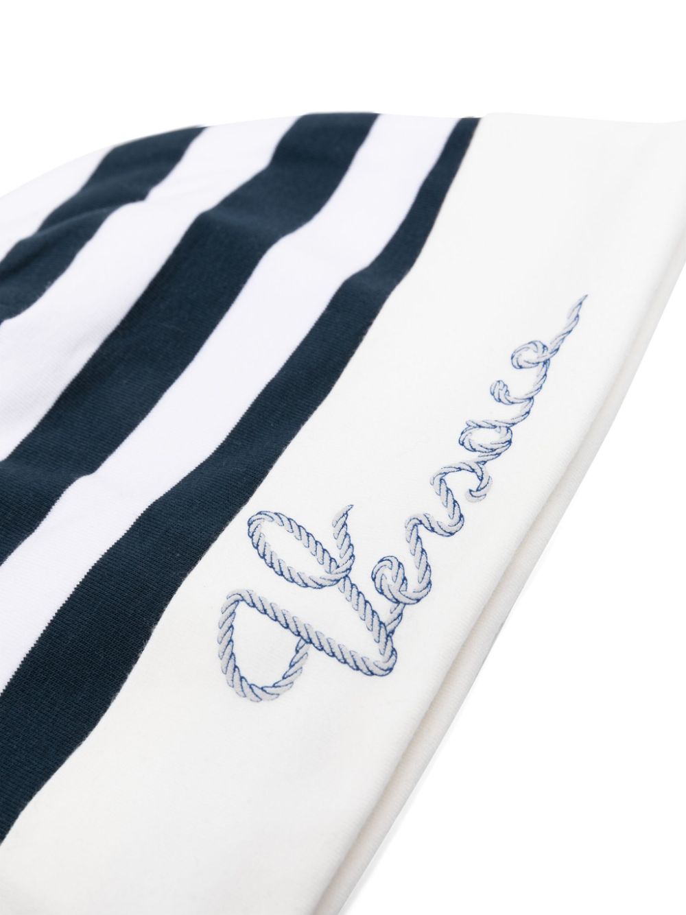 VERSACE BABY Boys Logo Embroidered Striped Beanie Navy/White - MAISONDEFASHION.COM