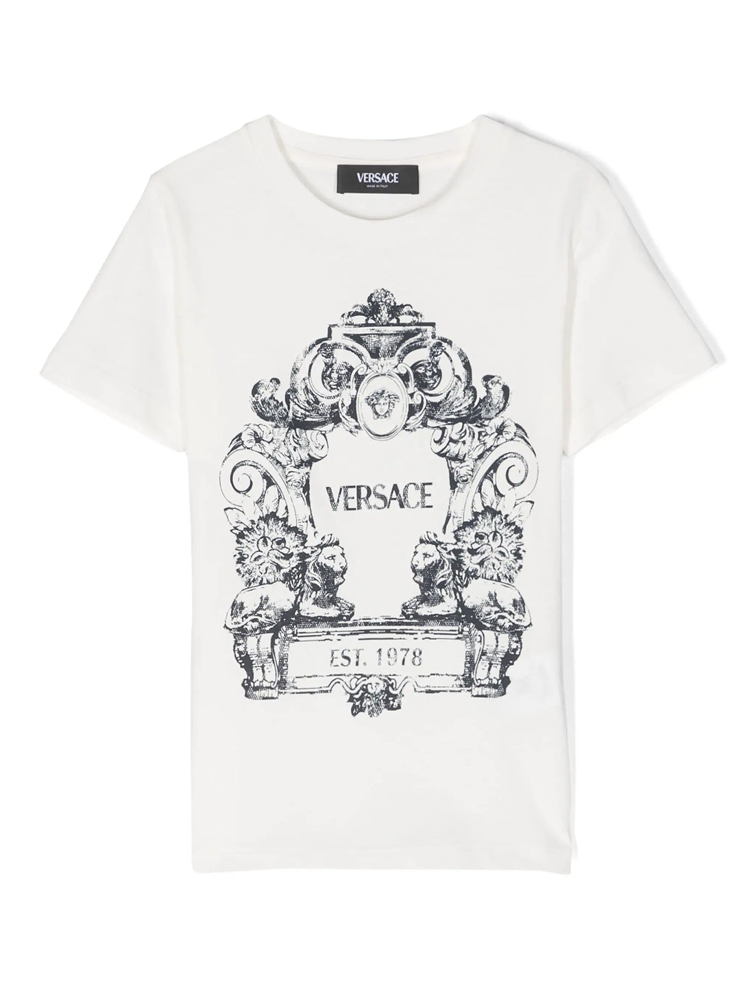 VERSACE KIDS Boys Cartouche Print T-Shirt White/Navy - MAISONDEFASHION.COM