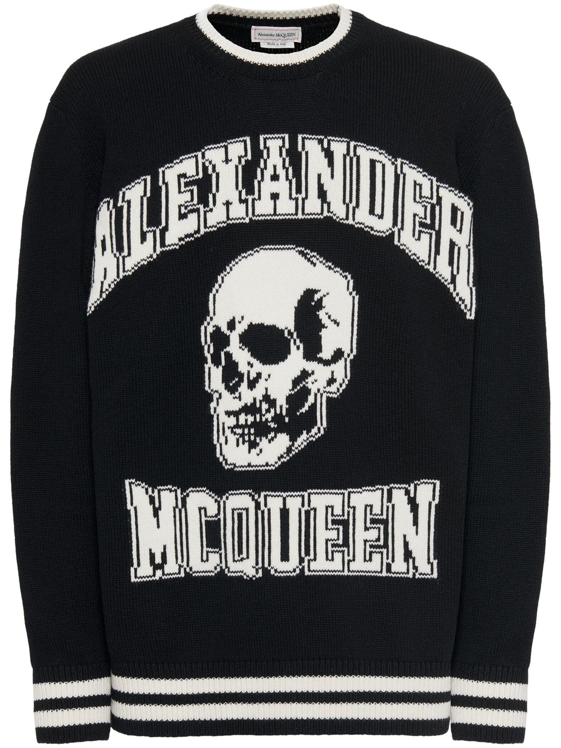 ALEXANDER MCQUEEN Varsity Logo Knitted Sweatshirt Black/Ivory - MAISONDEFASHION.COM