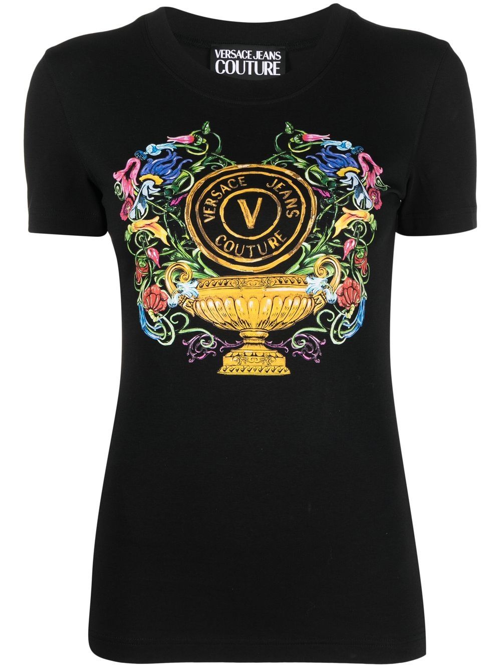 VERSACE WOMEN V Emblem Garden Print Cotton T-Shirt Black - MAISONDEFASHION.COM