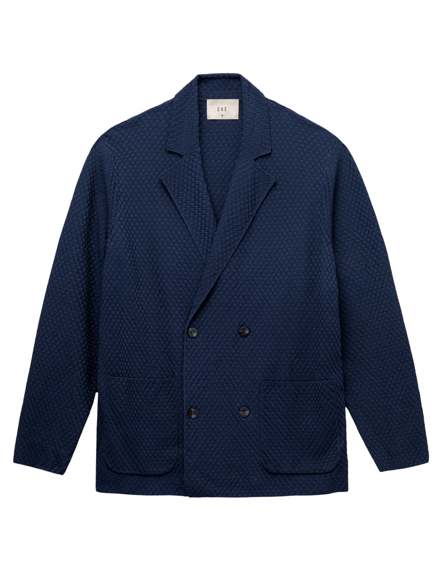 CHÉ Garcia Knitted Blazer Navy - Front view showing sophisticated navy knitted construction with tailored lapels and button closure