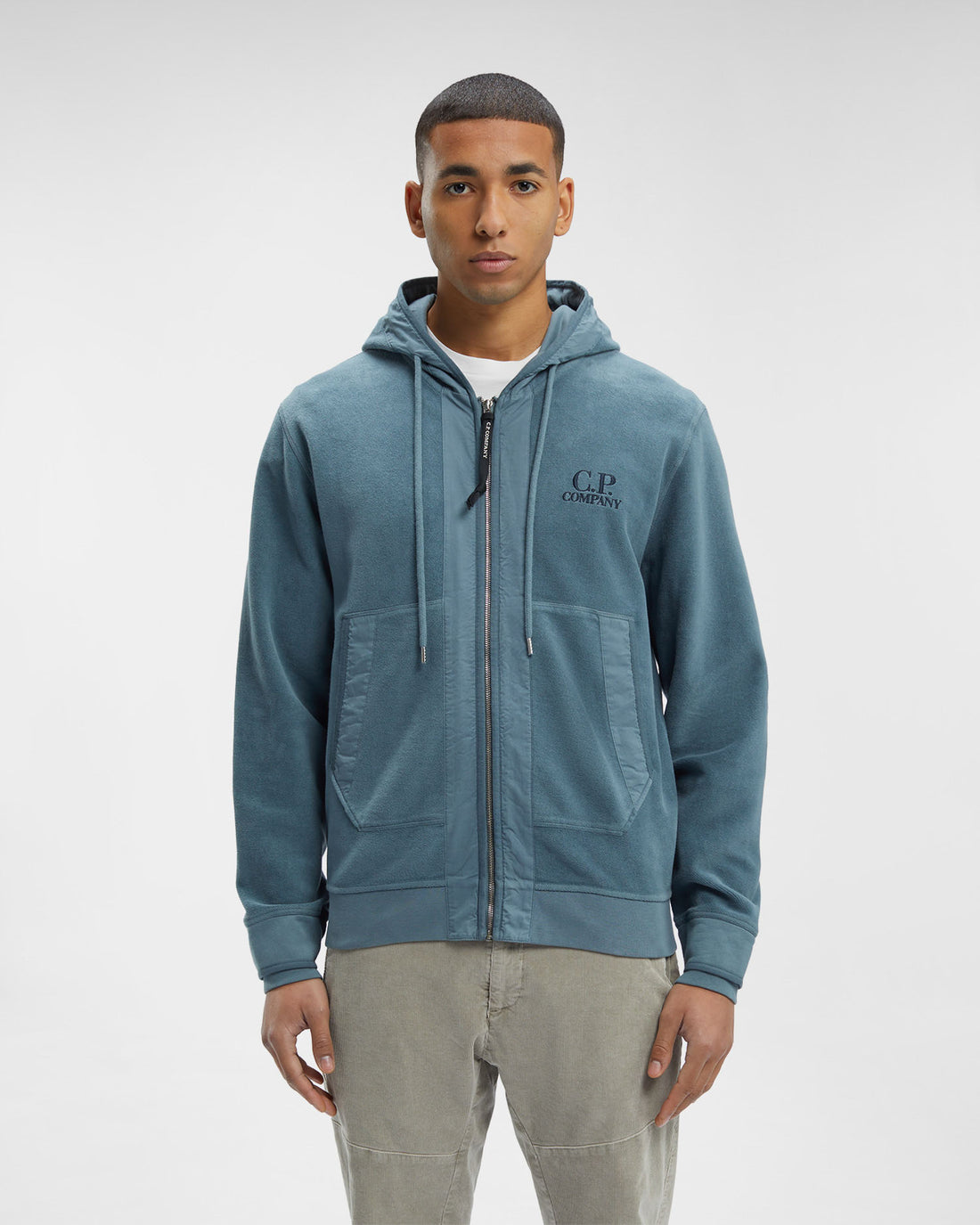 C.P. COMPANY Reverse Brushed & Emerized Diag. Fleece Zipped Hoodie Blue - MAISONDEFASHION.COM