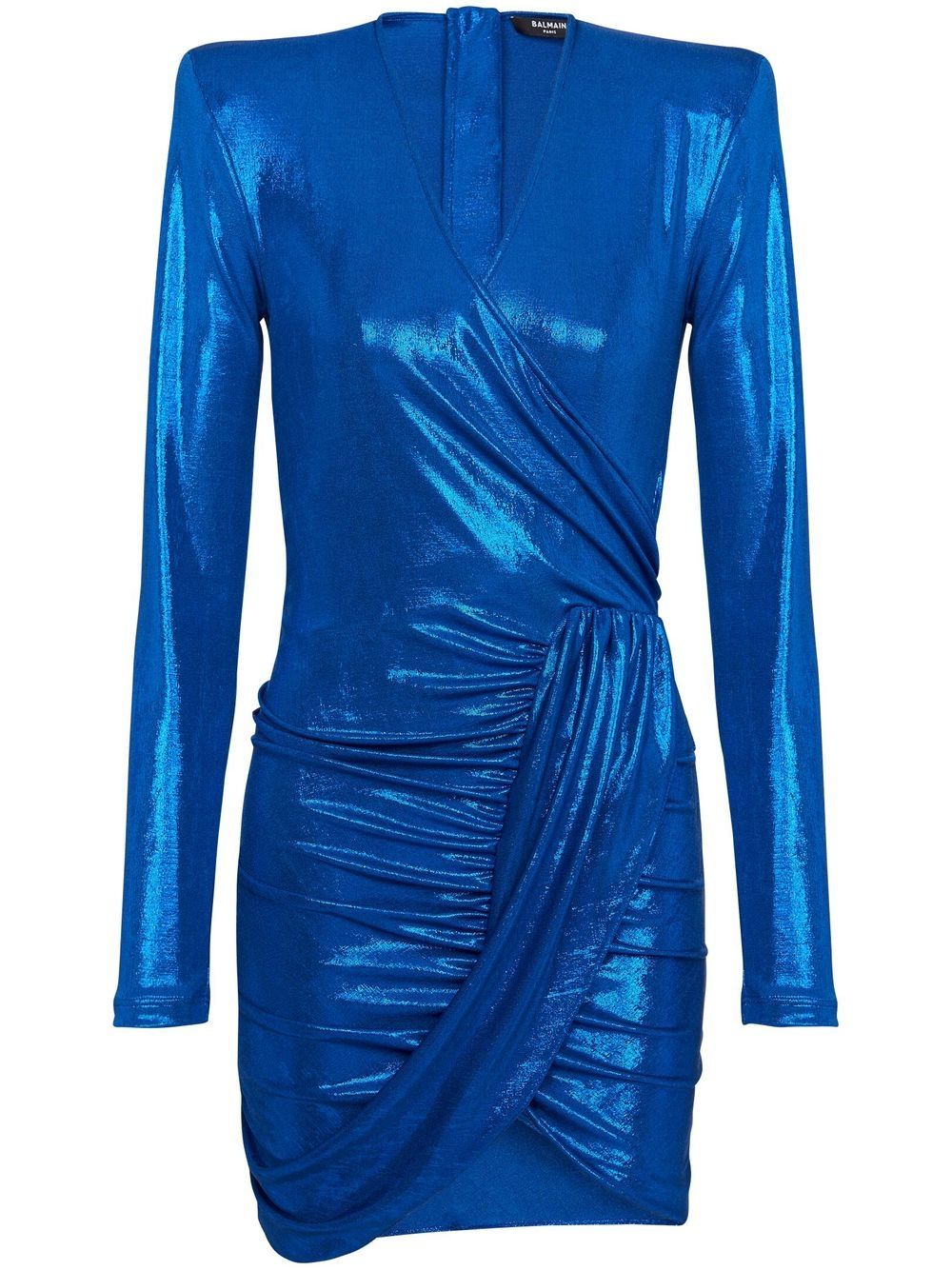 BALMAIN WOMEN LS Draped Laminated Jersey Short Dress Electric Blue - MAISONDEFASHION.COM