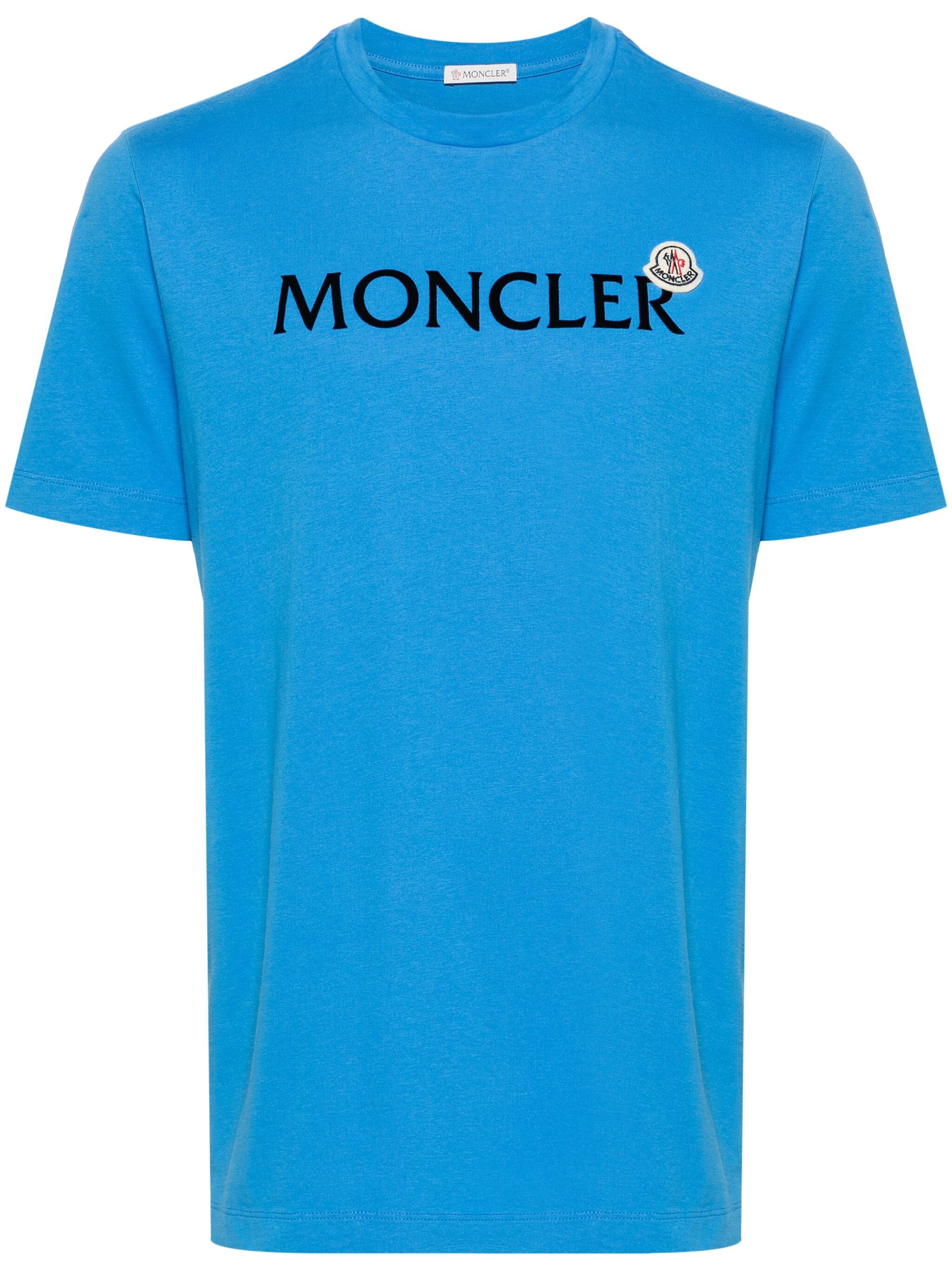 MONCLER Logo Flocked Cotton Short Sleeve T-Shirt Blue