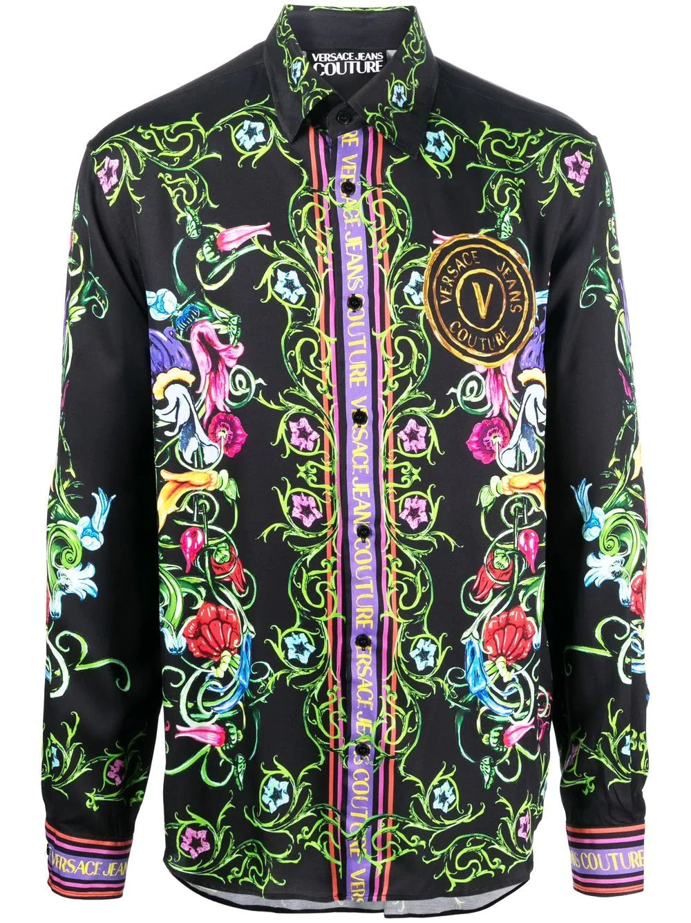 VERSACE MEN V Emblem Garden Print Shirt Black/Multi - MAISONDEFASHION.COM