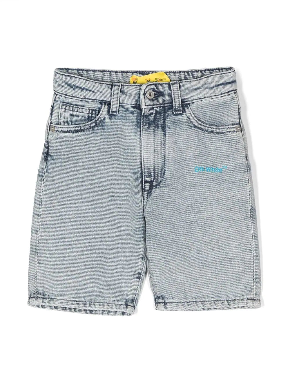 OFF-WHITE KIDS Helvetica Diag Denim Short Bleach Blue - MAISONDEFASHION.COM