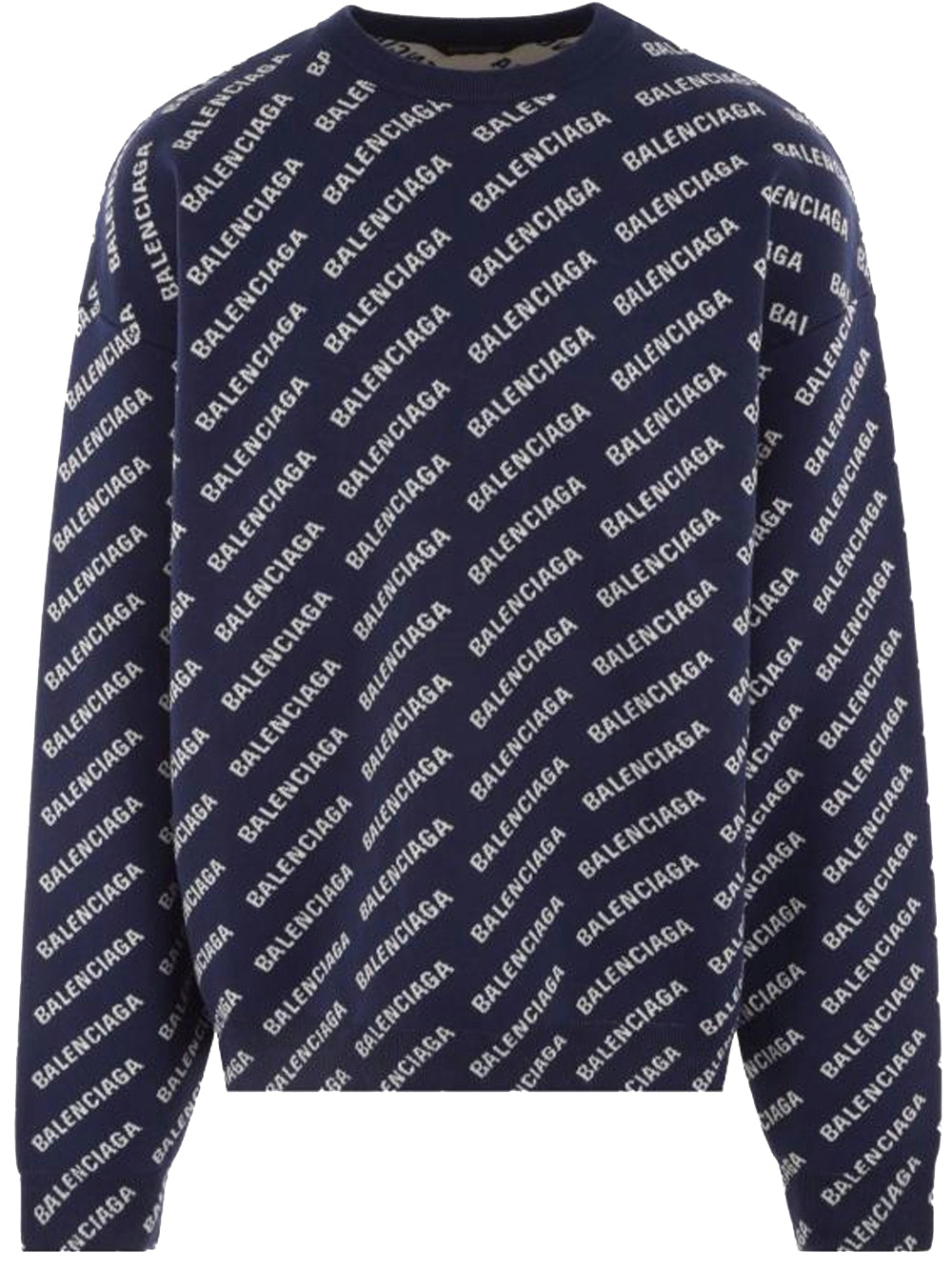 BALENCIAGA Mini Allover Logo Sweater Chalky Navy White MAISONDEFASHION.COM