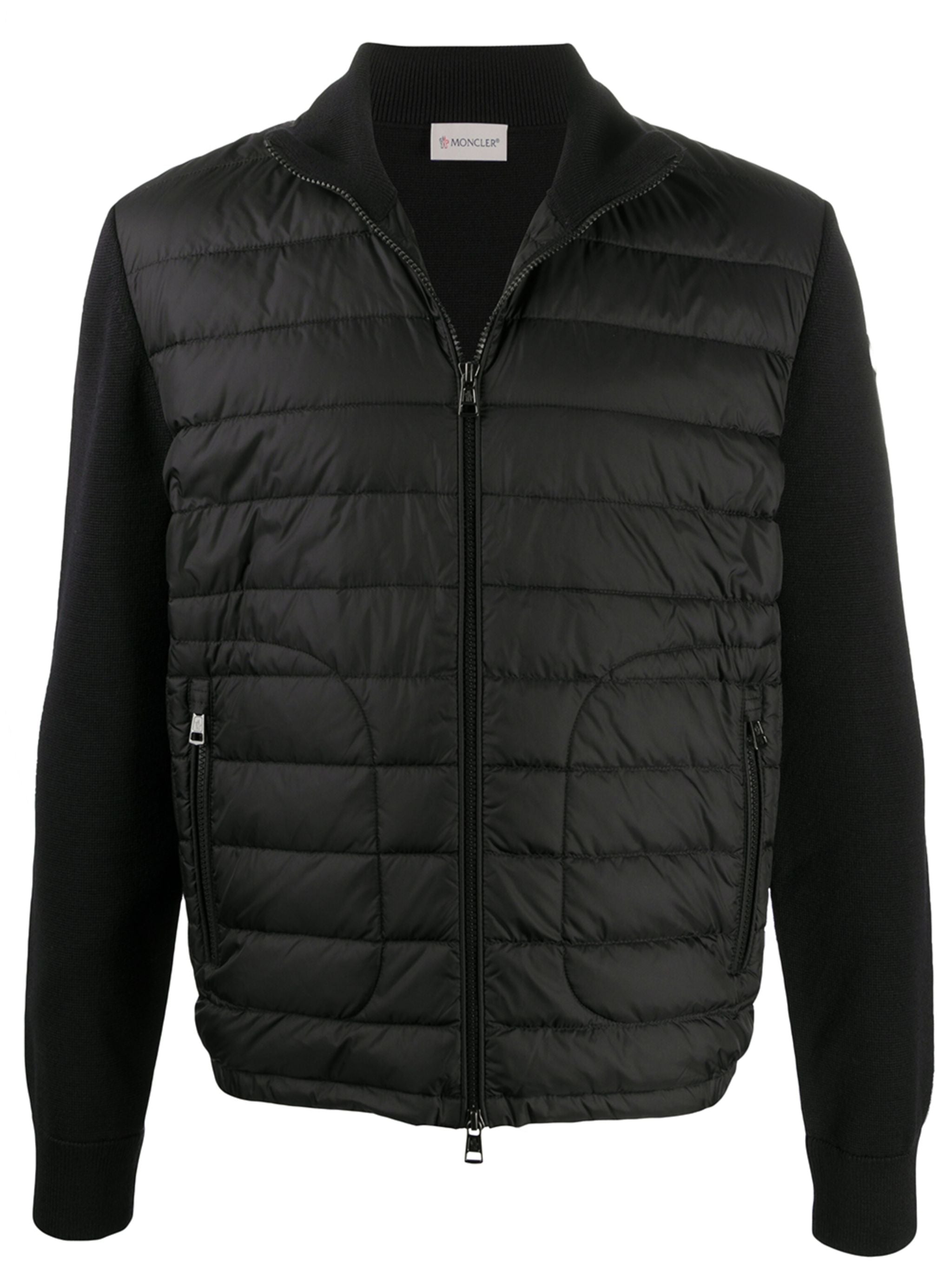 MONCLER Logo Patch Padded Panel Knitted Jacket Black MAISONDEFASHION.COM