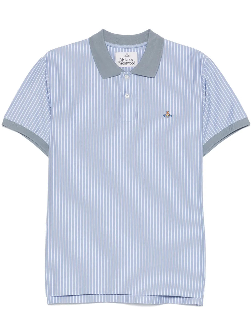 Vivienne Westwood Striped Polo Shirt in blue and white - front view showing classic striped pattern and collar