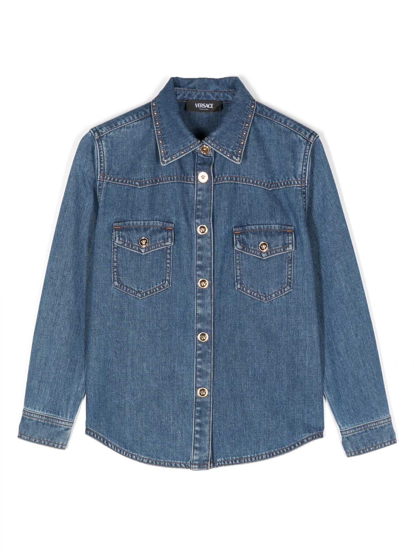 VERSACE KIDS Girls Medusa Head-Buttons Studded Shirt Blue - MAISONDEFASHION.COM