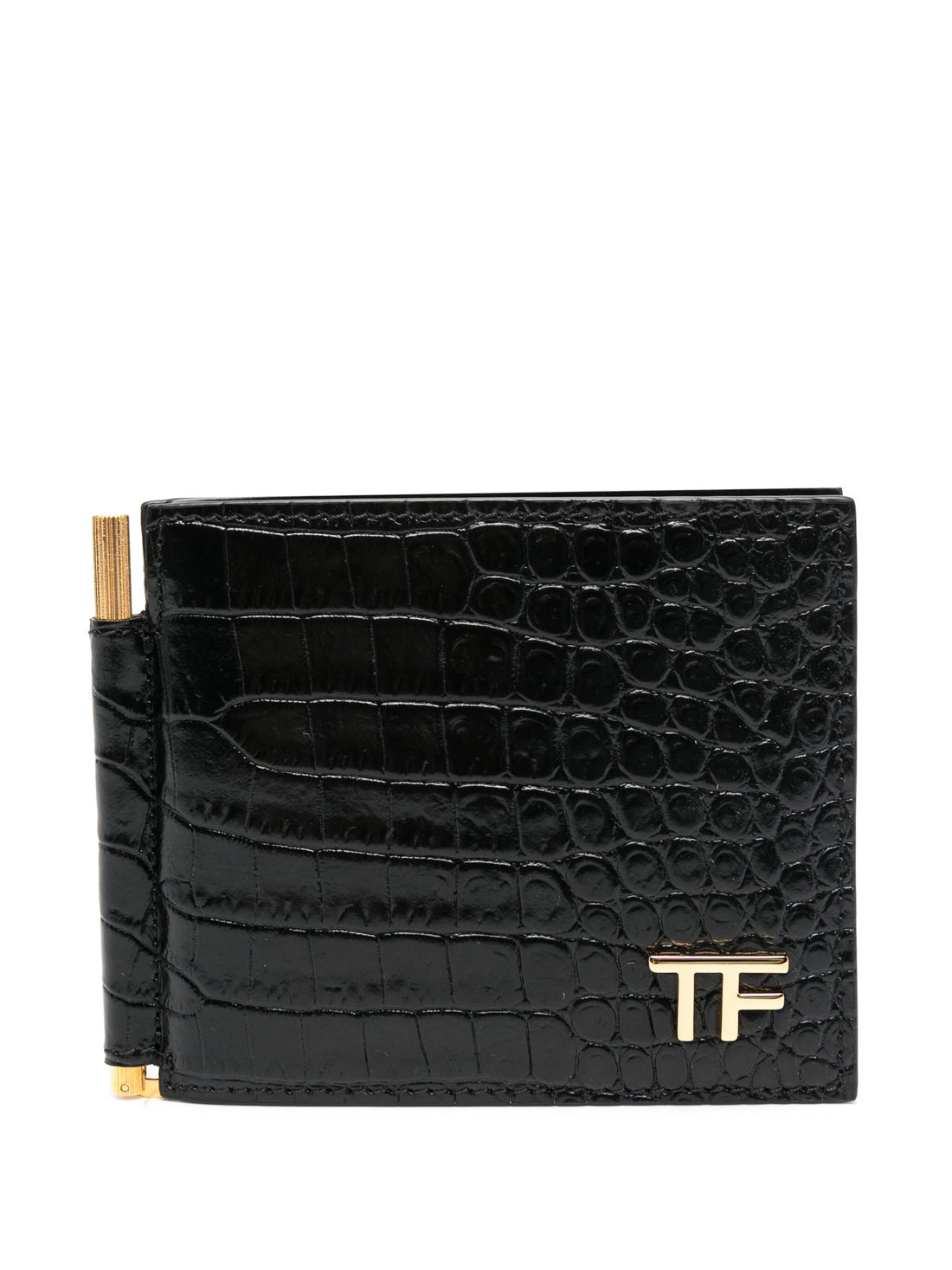 TOM FORD TF Logo Crocodile Leather Money Clip Black/Gold - MAISONDEFASHION.COM
