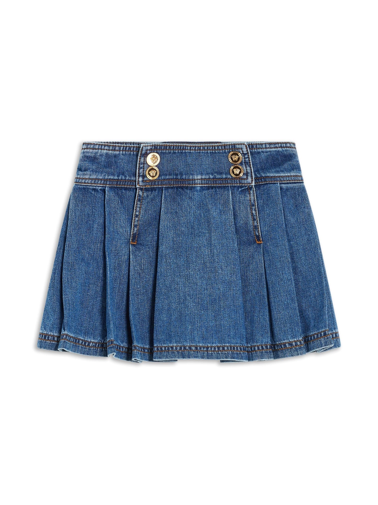 VERSACE KIDS Girls Medusa Buttons Pleated Denim Miniskirt Blue - MAISONDEFASHION.COM