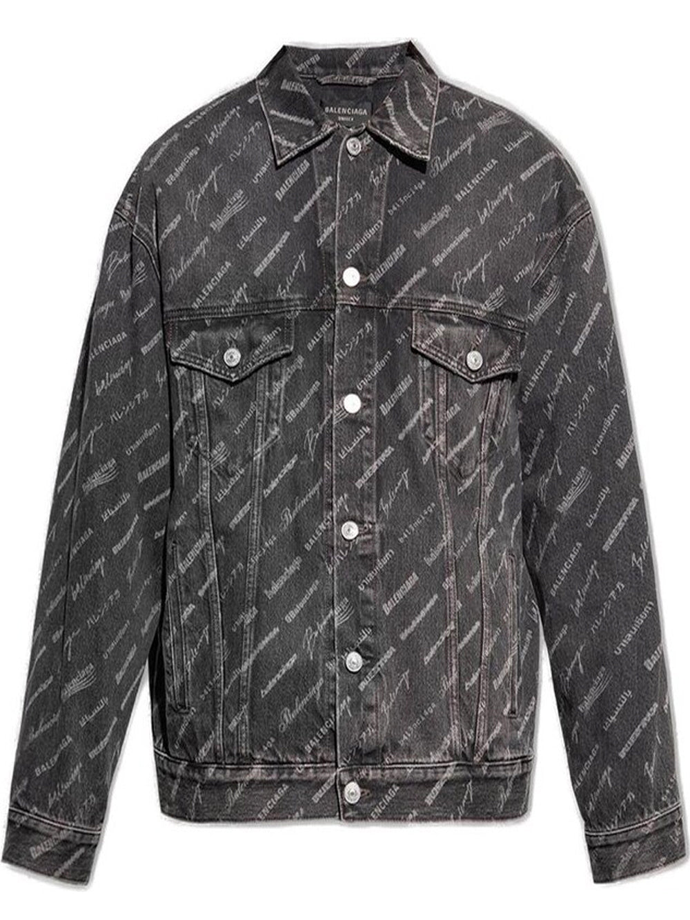 BALENCIAGA WOMEN All Over Logo Denim Jacket Charcoal - MAISONDEFASHION.COM