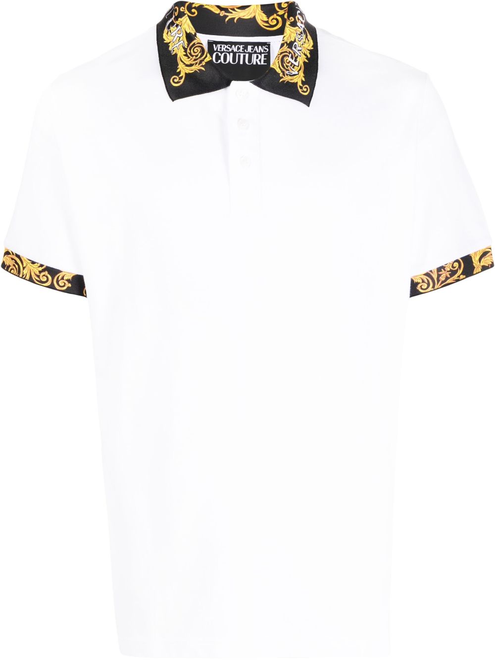 VERSACE MEN Baroque Collar Print Polo Shirt White/Black/Gold - MAISONDEFASHION.COM
