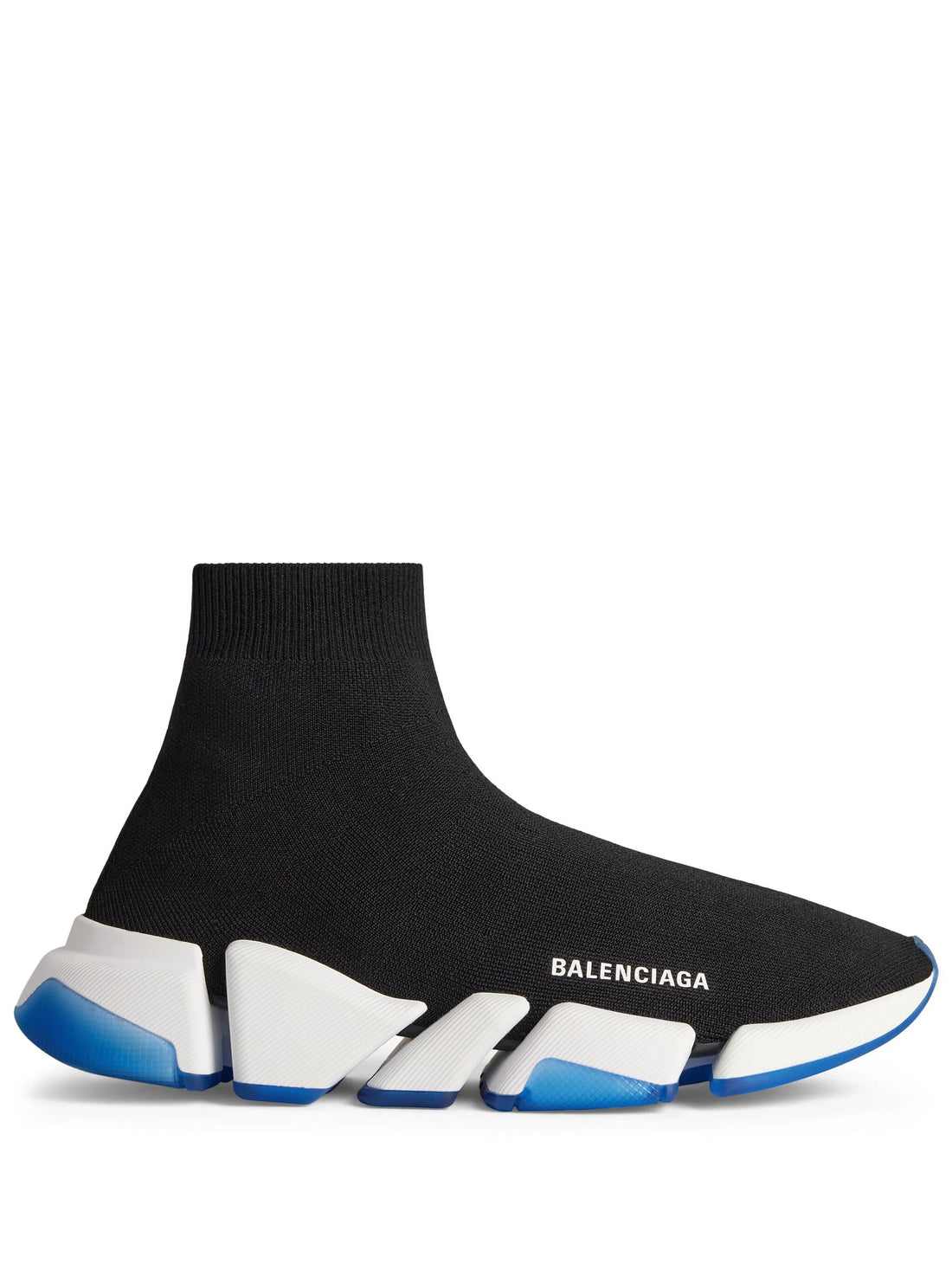 BALENCIAGA Speed 2.0 Clear Sole Recycled Knit Sneakers Black/White/Blue - MAISONDEFASHION.COM
