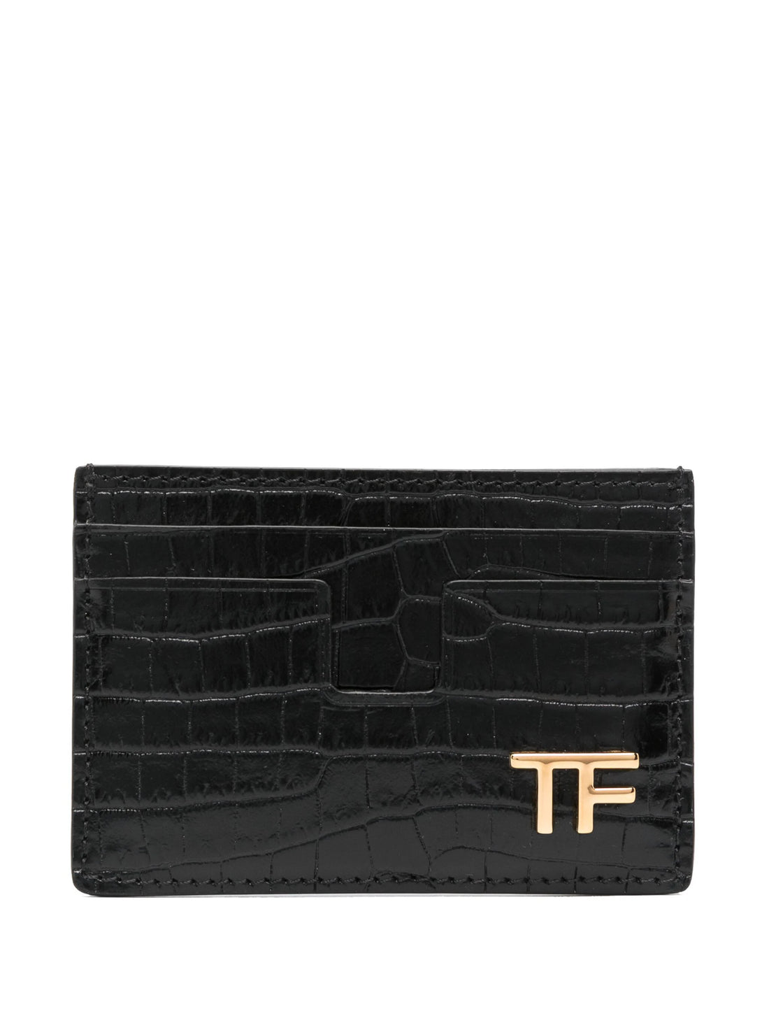 TOM FORD TF Logo Crocodile Leather Card Holder Black/Gold - MAISONDEFASHION.COM