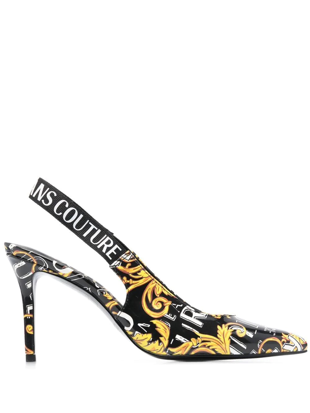 VERSACE WOMEN Baroque Logo Print Heel Slingback Pumps Black/Gold - MAISONDEFASHION.COM