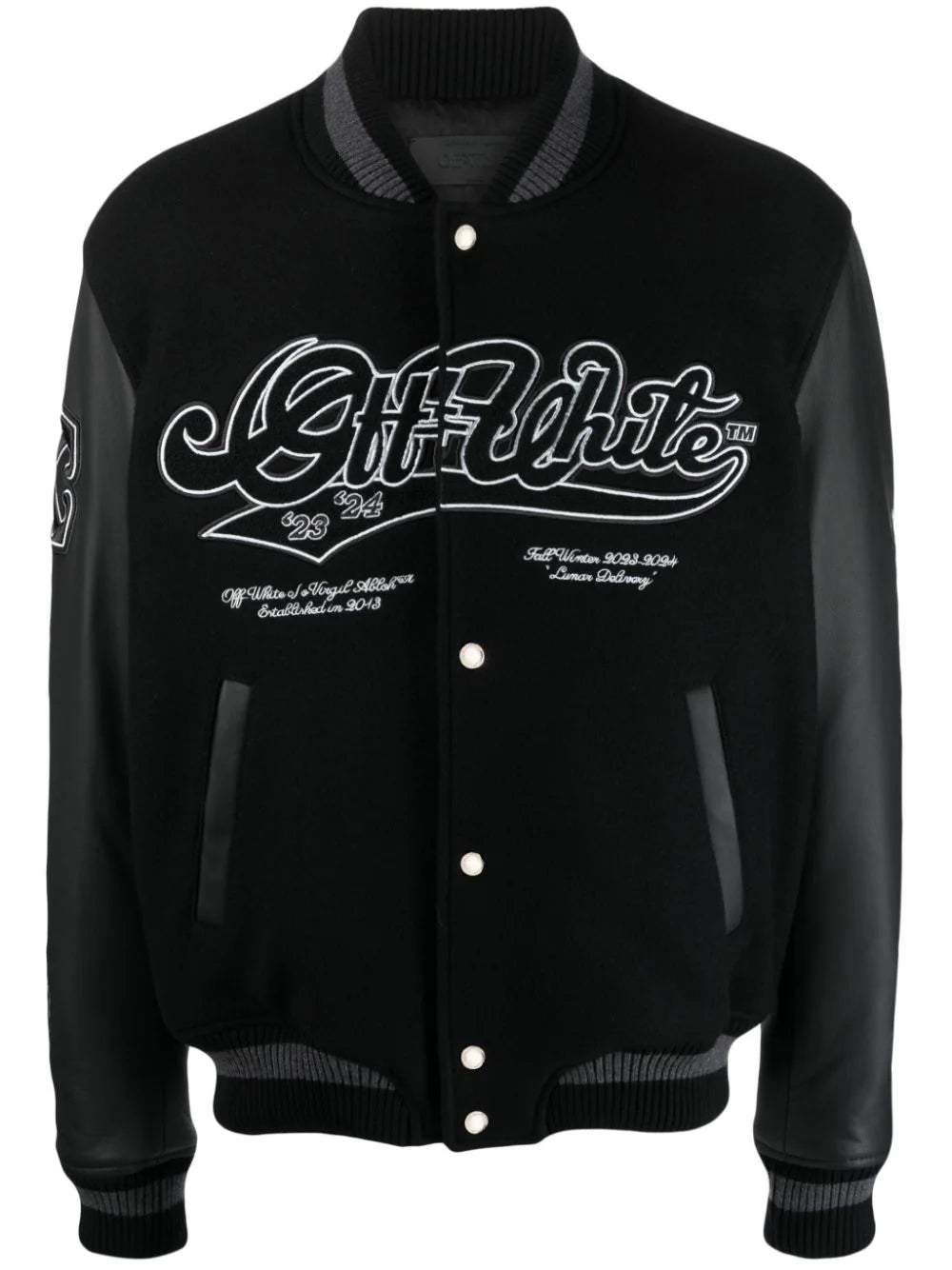 OFF-WHITE MEN Tyre Moon Varsity Jacket Black/Black - MAISONDEFASHION.COM