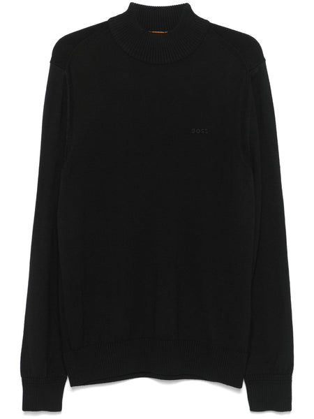 BOSS Logo Embroidered Wool Blend Turtle Neck Sweater Black