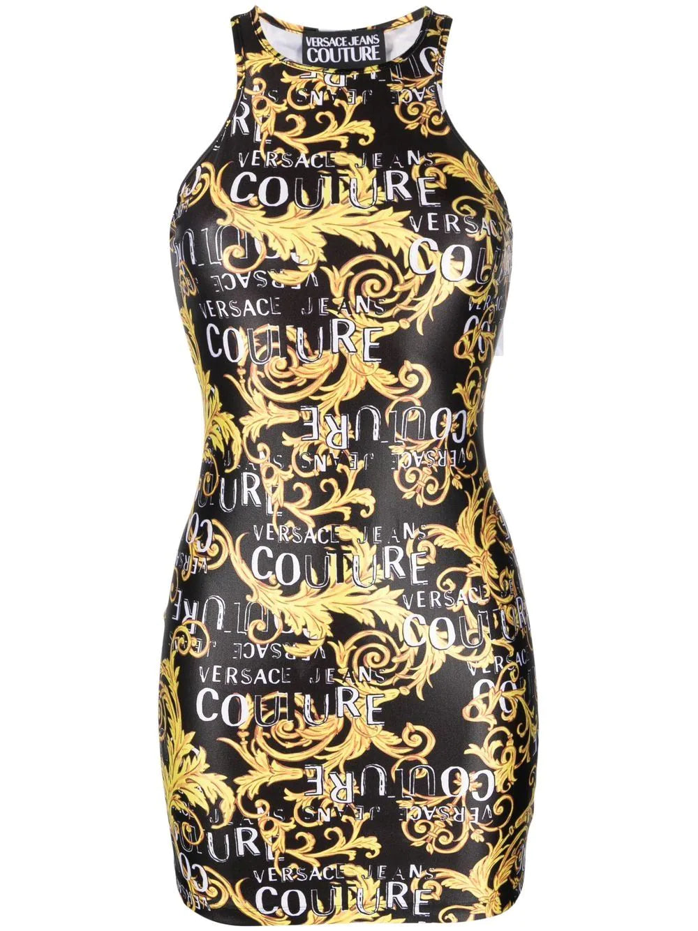VERSACE WOMEN Couture Logo Print Mini Dress Black/Gold - MAISONDEFASHION.COM