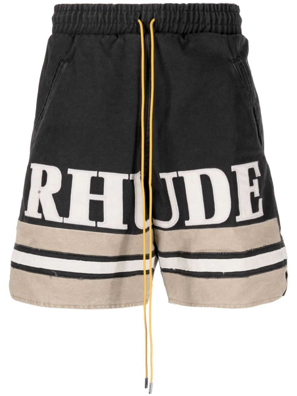 RHUDE MEN Embroidered Logo Shorts Black/Khaki - MAISONDEFASHION.COM