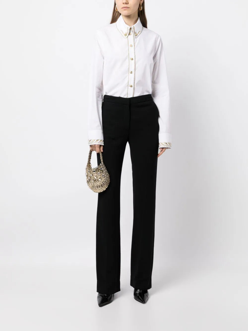 PACO RABANNE Metallic-Embroidered Cotton Shirt White Gold - MAISONDEFASHION.COM