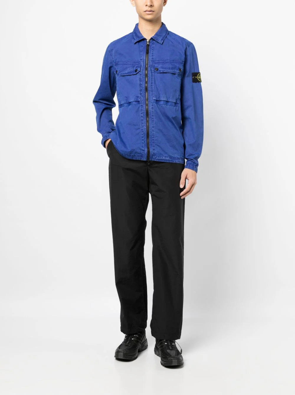 STONE ISLAND Brushed Cotton Compass-Patch Cotton Over-Shirt Blue - MAISONDEFASHION.COM