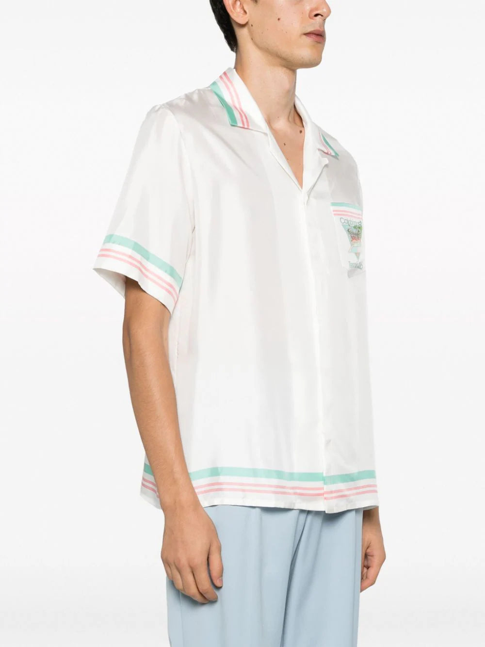 CASABLANCA MEN Tennis Club Icon Cuban Collar Short Sleeve Silk Shirt White Multicolour - MAISONDEFASHION.COM