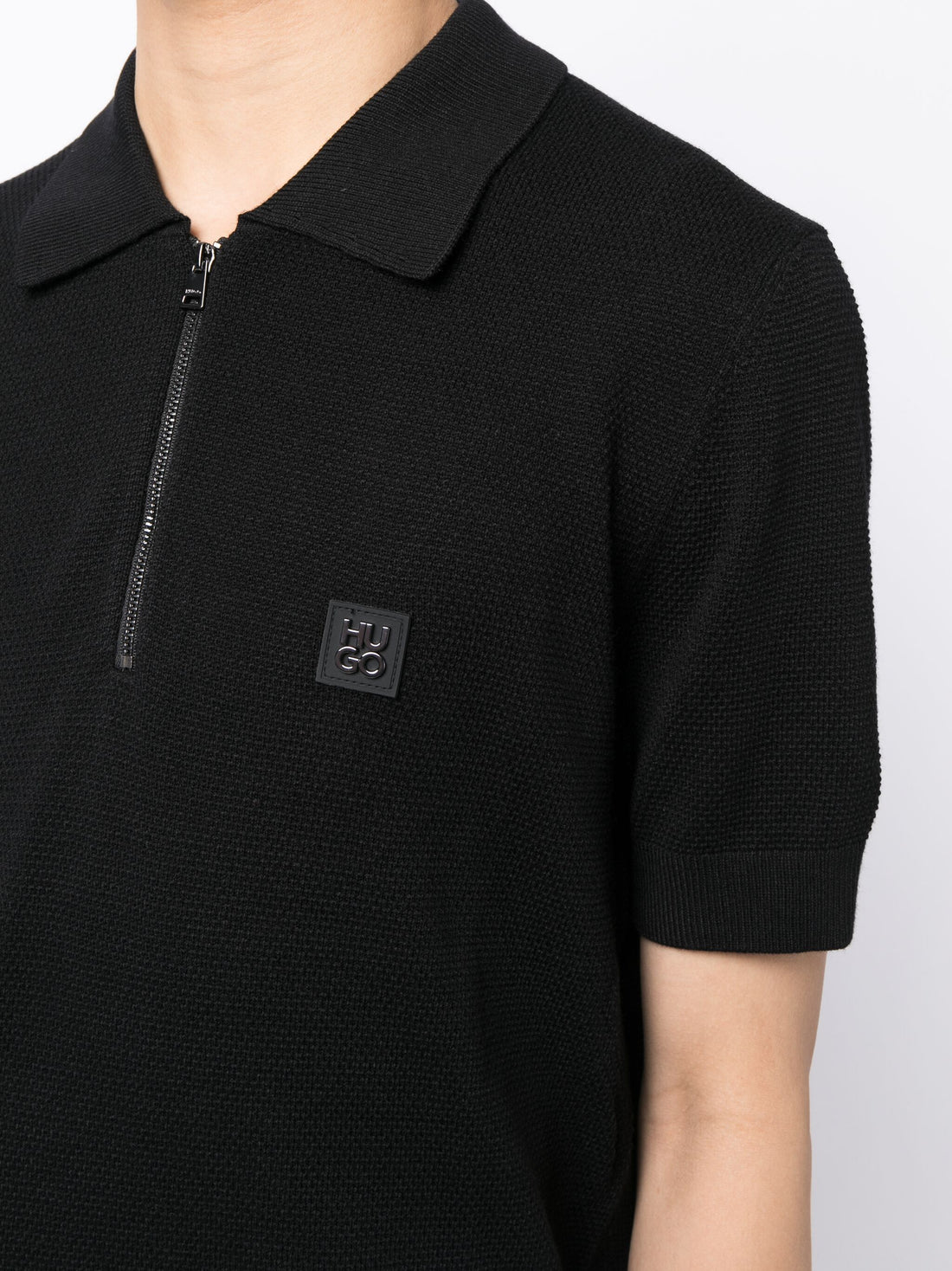 HUGO MEN Logo-patch Zipped Polo Shirt Black - MAISONDEFASHION.COM