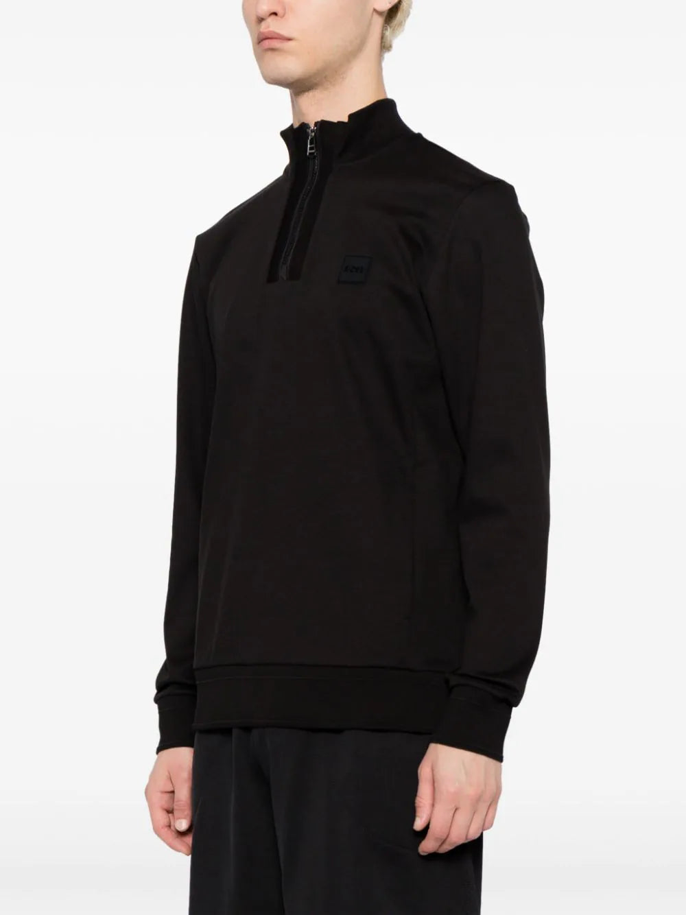 BOSS MEN Sidney Logo-Patch High-Neck Half-zip Long-sleeved Sweatshirt Black - MAISONDEFASHION.COM