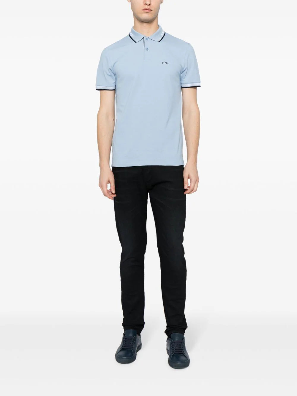 BOSS MEN Striped-Trim Cotton Short-sleeved Polo Shirt Open Blue - MAISONDEFASHION.COM