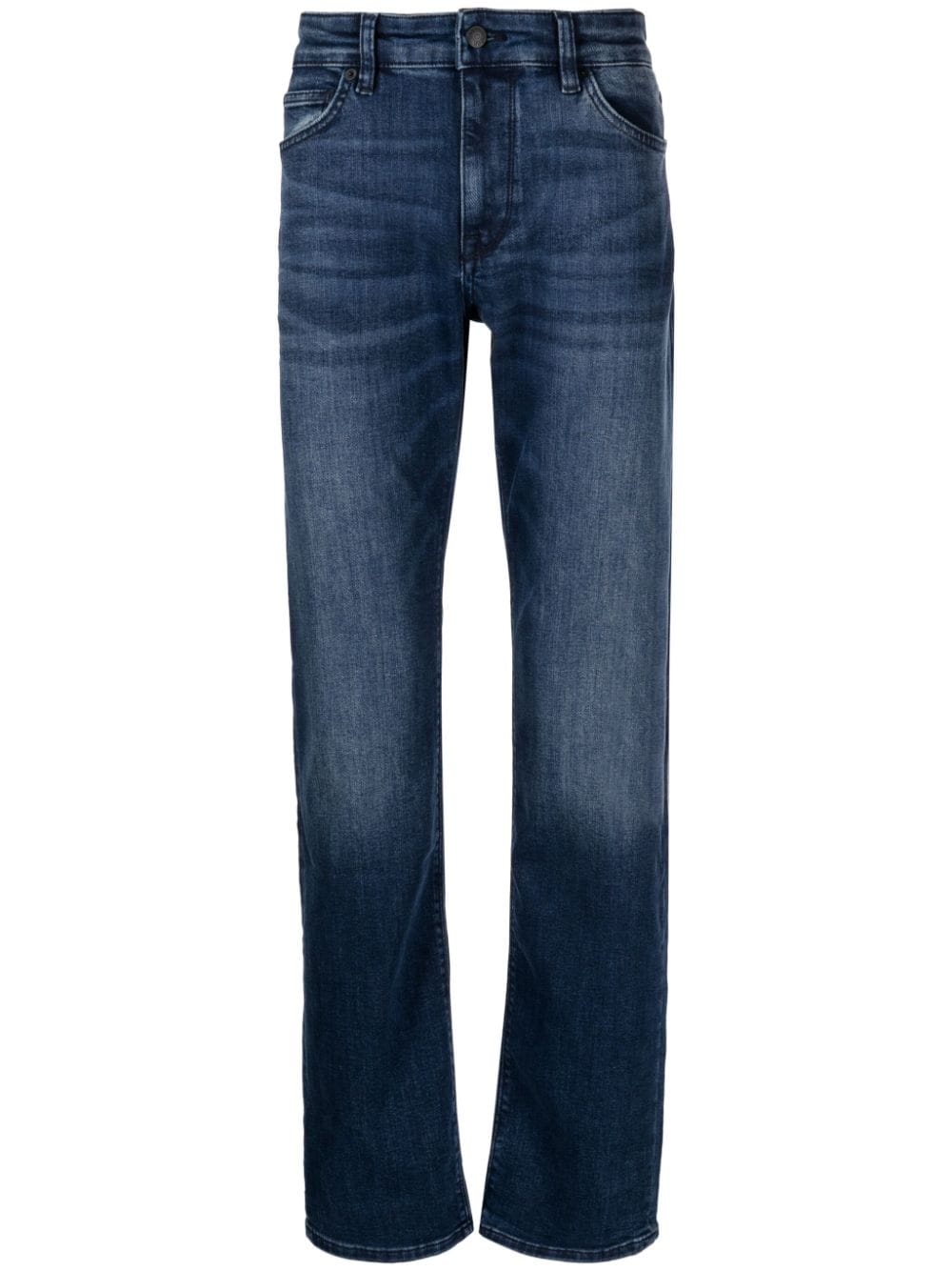 BOSS MEN Logo-Patch Straight-Leg Regular Fit Jeans Navy Blue - MAISONDEFASHION.COM