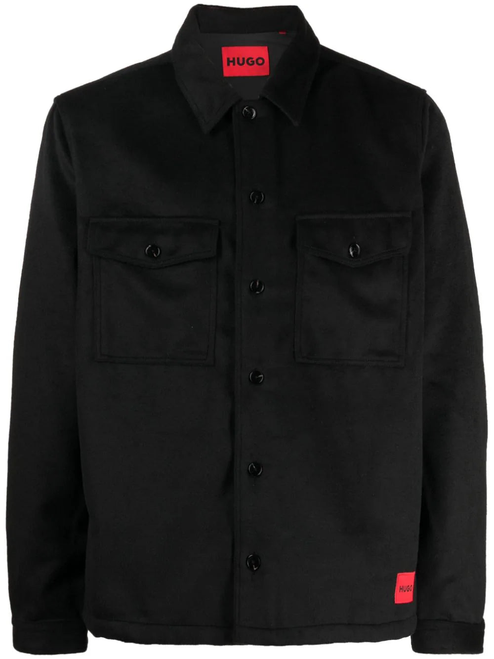HUGO MEN Logo-Patch Long Sleeves Enalu Oversized-fit Shirt Black - MAISONDEFASHION.COM