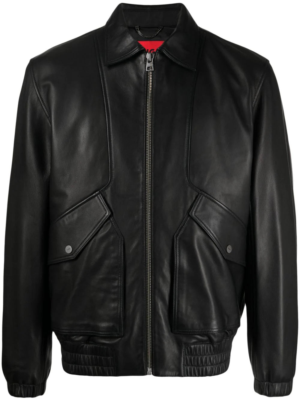 HUGO MEN Ladam Lamb Leather Regular Fit Logo Jacket Black - MAISONDEFASHION.COM
